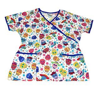 Uniform Advantage White Blue Floral Sugar Skulls Scrub Shirt Top Size Medium